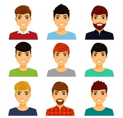 Set of male avatars. Male faces. Portraits of men. Collection of characters. Flat style. Cartoon