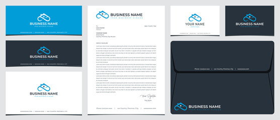 Infinity house logo with stationery, business card and social media banner designs