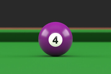 Billiard ball number four purple color on billiard table. Realistic glossy snooker ball. 3D rendering 3D illustration