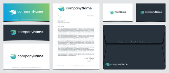 Leaf delivery logo with stationery design, business card and social media banner designs