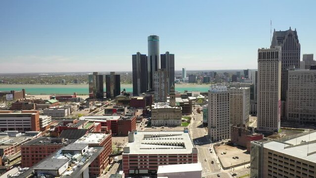 Renaissance Center, world headquarters of General Motors, in Detroit, Michigan with drone video moving sideways.
