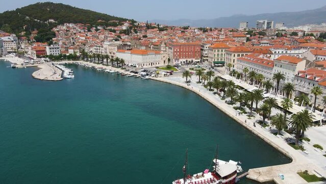 Split waterfront and Marjan hill aerial view, Dalmatia, Croatia.