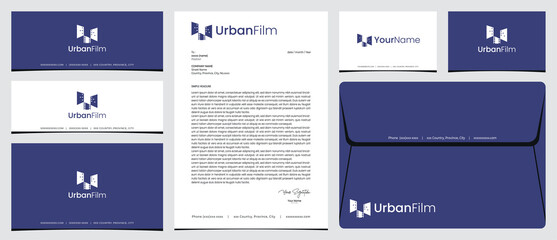 Urban Film logo with stationery, business card and social media banner designs