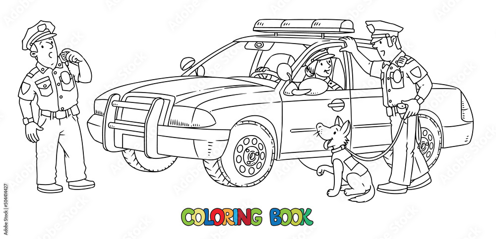 Wall mural police officers and police car. coloring book