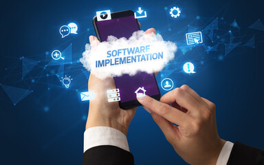 Obraz premium Hand using smartphone with cloud technology concept