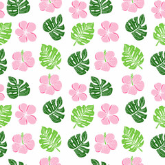 A seamless pattern of tropical strelitzia flower, monster leaves. Hand-drawn doodle-style elements, bright flower and greenery. Tropics. Summer. Strelicia. Isolated vector.