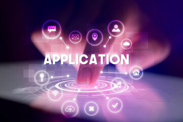 Finger touching tablet with web technology icons concept