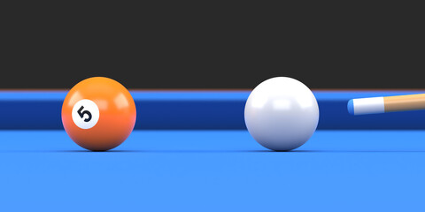 Close-up of billiard ball number five orange color on billiard table, snooker aim the cue ball. Realistic glossy billiard ball. 3d rendering 3d illustration