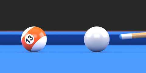 Close-up of billiard ball number thirteen in orange and white color on billiard table, snooker aim the cue ball. Realistic glossy billiard ball. 3d rendering 3d illustration