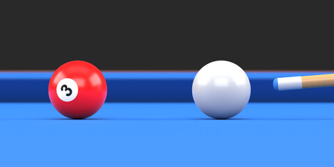 Close-up of billiard ball number three red color on billiard table, snooker aim the cue ball. Realistic glossy billiard ball. 3d rendering 3d illustration