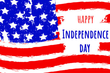 Vector Happy Independence Day card with USA flag. Background in US national flag colors and hand lettering text. Vector illustration for greeting card, poster, banner,  flyers, marketing and ets.