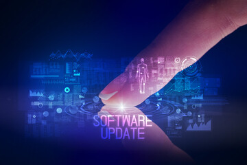 Finger touching tablet with web technology icons concept