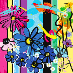 abstract background composition with flowers, paint strokes, splashes and geometric lines