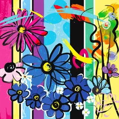 Fotobehang abstract background composition with flowers, paint strokes, splashes and geometric lines © Kirsten Hinte