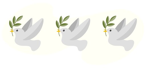 Fototapeta na wymiar Set of three doves of peace with green branches. A white flying dove, a proud bird with an olive branch. Cute flat world symbol vector. The concept of freedom, happiness, positive, peaceful sky.