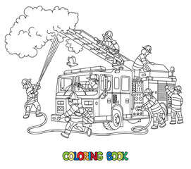 Firefighters extinguish a fire next to a fire truck. Coloring book