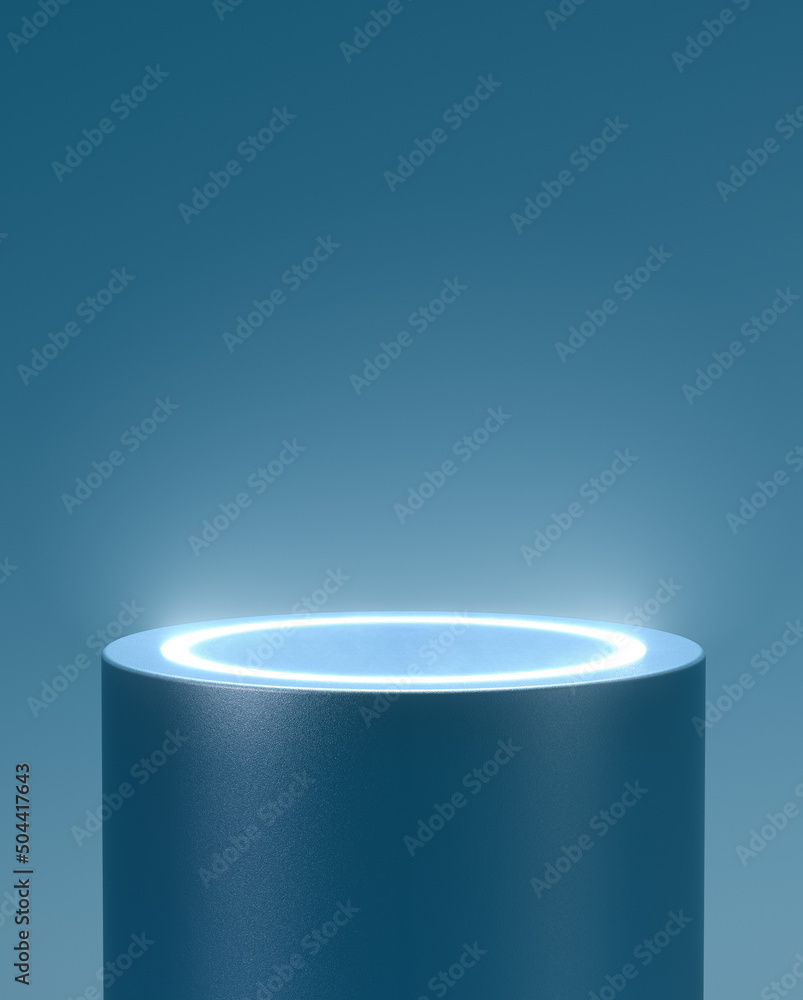 Poster empty blue cylindrical pedestal with white glowing circle for product placement. 3d computer graphic