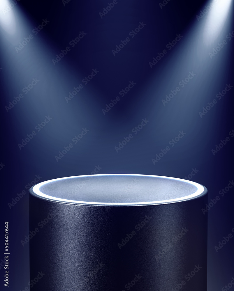 Poster cylindrical pedestal illuminated by pair of spotlights from top corners. 3d computer graphic templat