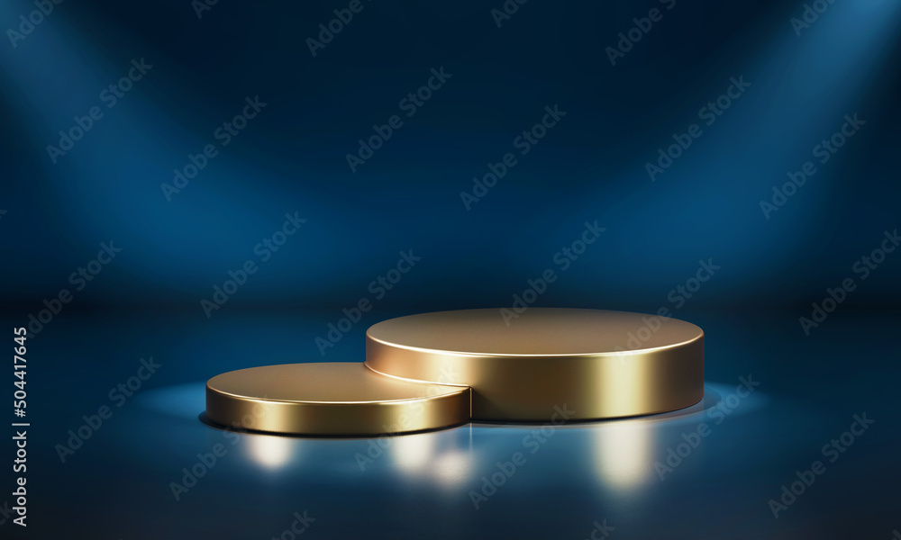 Fototapete golden colour cylindrical podiums with various heights. 3d computer graphic template of displaying p