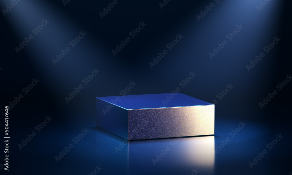 Poster metallic square podium lit by spotlights. 3d computer graphic template of displaying place for your 