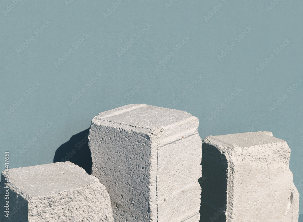 Poster group of stone or concrete blocks in row. 3d computer graphic template of displaying place for your 