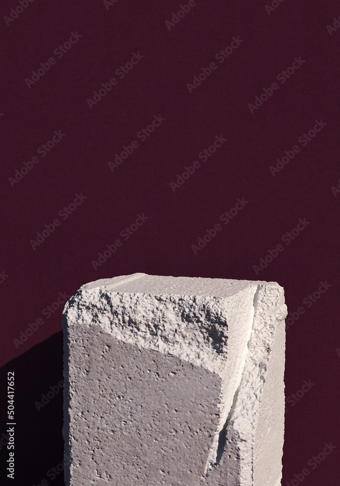 Poster old damaged stone brick used as rustic pedestal. 3d computer graphic template of displaying for your
