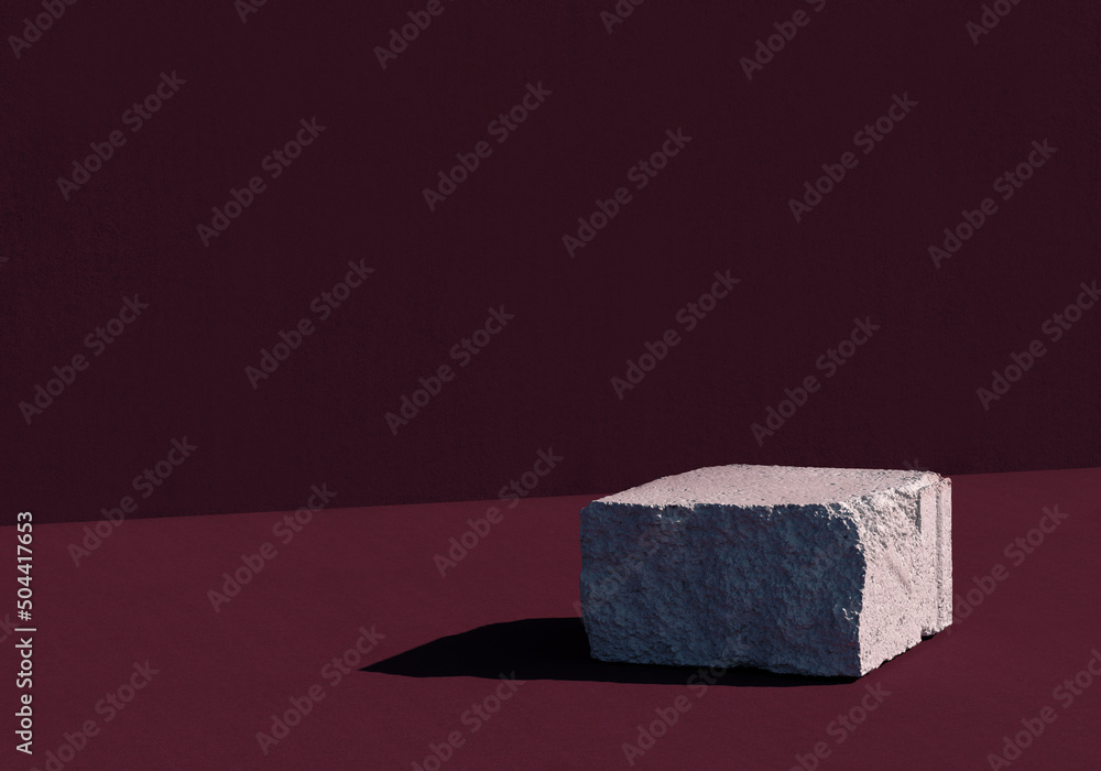Aufkleber single piece of old broken stone block on burgundy background. 3d computer graphic template of displ