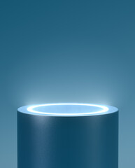 Empty blue cylindrical pedestal with white glowing circle for product placement. 3d computer graphic template of displaying place. Blank template and copy space