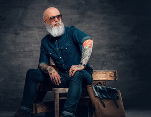 Shot of elderly hipster with long beard dressed in casual attire and sunglasses.
