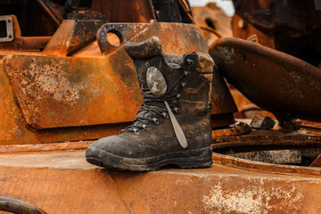 Burnt and destroyed military armored vehicles