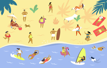 People on beach. Collection persons performing summer outdoor. Cartoon characters