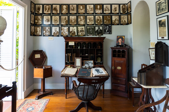 Sunbury, Barbados: Sunbury Plantation House. Office, Original Desk And Photos Of Governor-Generals Of Barbados, Now With Newly Appointed President Sandra Mason. Prime Minister Mia Amor Mottley.