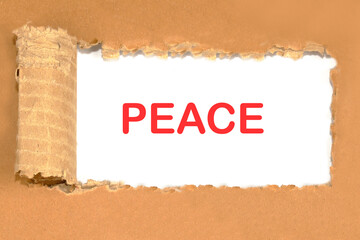 PEACE lettering on white paper through torn cardboard. The concept of peace on the planet