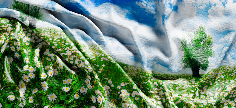 Fondo de concepto de primavera y  campo de margaritas. Ecología con cielo azul  pintado sobre lienzo.