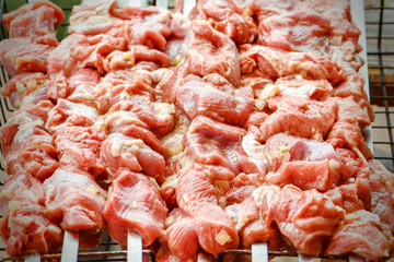 Raw shish kebab on metal skewer ready to be cooked. Marinated raw shish kebab from turkey. BBQ meat. Barbecue party. Close up view with shallow DOF.