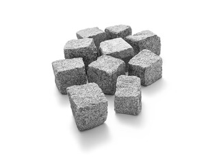 Granite stone cubes, cobblestone pavement on white background