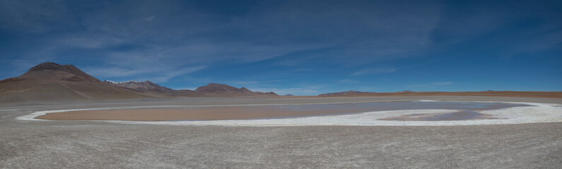 Colorado lagoon, lake with reddish waters in the Salar Uyuni, Bolivian altiplano