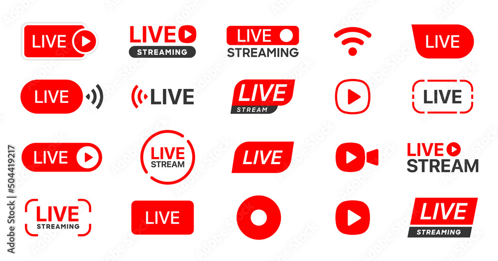 Poster Live streaming icon set. Set of live stream icons. Set of video broadcasting icon.. Button, red symbols for TV, news, movies, shows. Online stream icons.