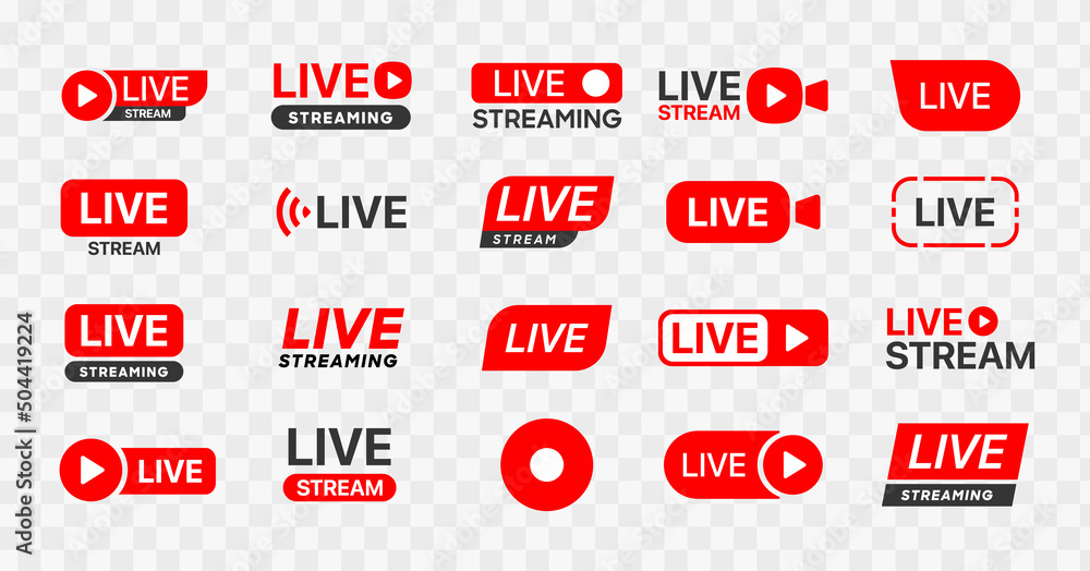Poster Live streaming icon set. Set of live stream icons. Set of video broadcasting icon.. Button, red symbols for TV, news, movies, shows. Online stream icons.