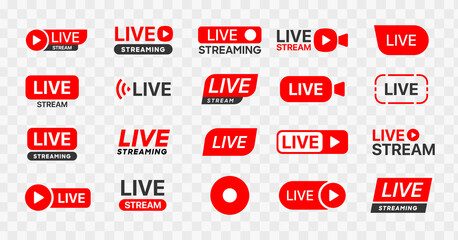 Live streaming icon set. Set of live stream icons. Set of video broadcasting icon.. Button, red symbols for TV, news, movies, shows. Online stream icons.