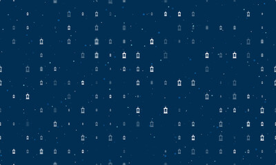 Seamless background pattern of evenly spaced white Christmas lanterns of different sizes and opacity. Vector illustration on dark blue background with stars