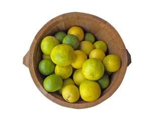 A lot of lemons in a wooden bucket in white background