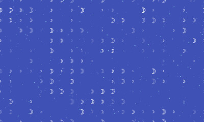 Seamless background pattern of evenly spaced white moon astrological symbols of different sizes and opacity. Vector illustration on indigo background with stars