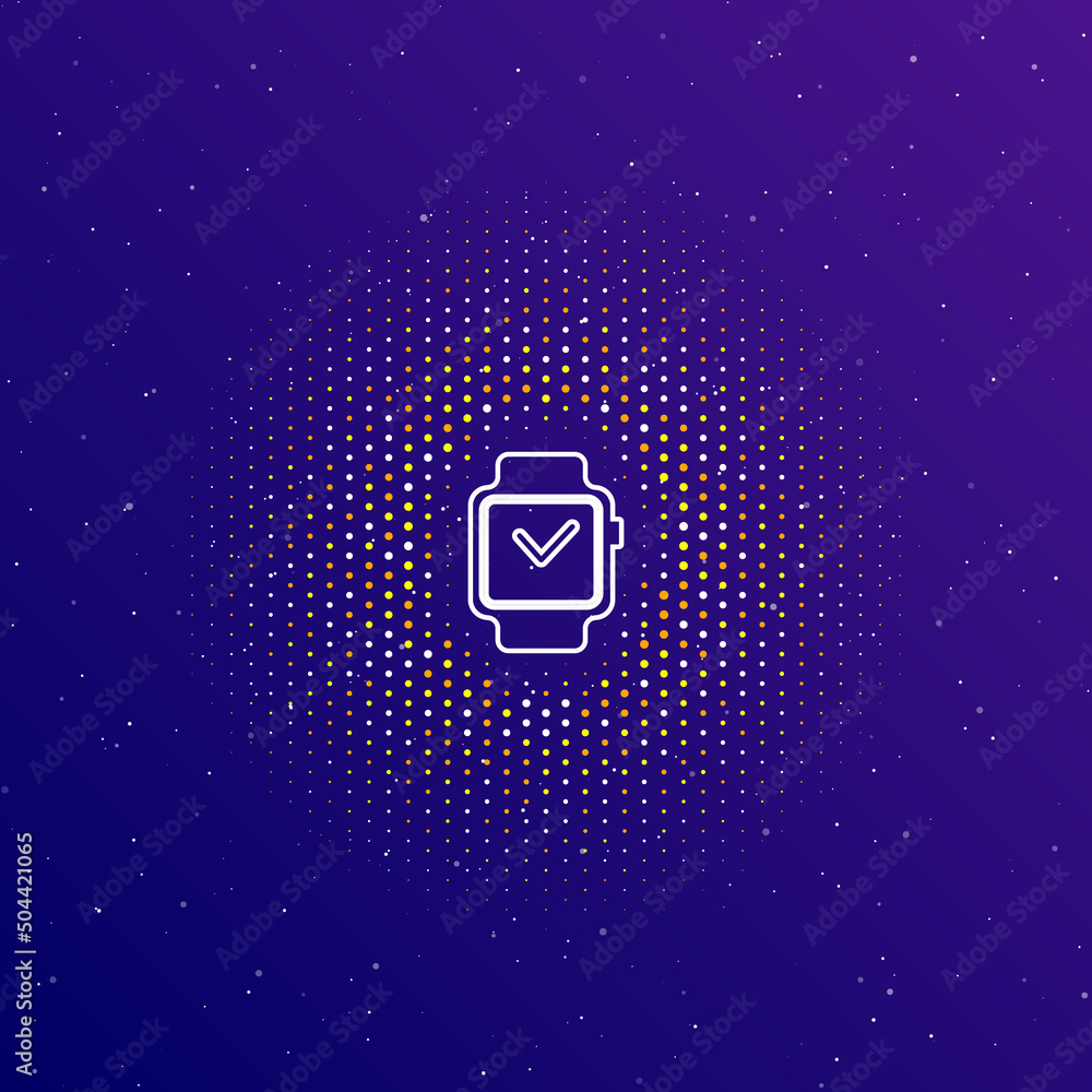 Poster a large white contour smart watch symbol in the center, surrounded by small dots. dots of different 