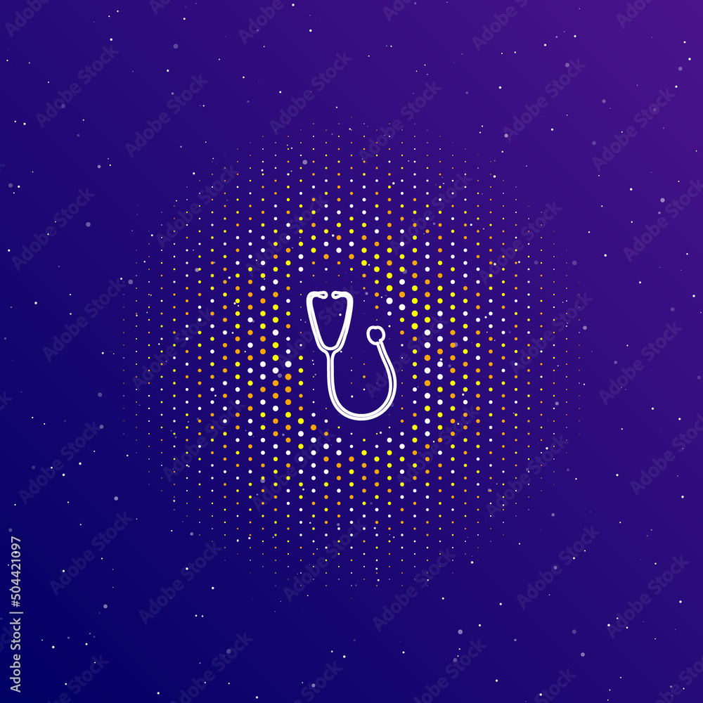 Poster a large white contour stethoscope symbol in the center, surrounded by small dots. dots of different 