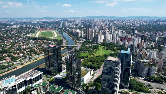 City Aerial Marginal Pinheiros At Sao Paulo Brazil. Cityscape Of Downtown District Travel Destinations. Metropole Architecture. Stunning Top View Tourist.