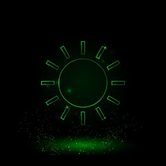 A large green outline sun on the center. Green Neon style. Neon color with shiny stars. Vector illustration on black background