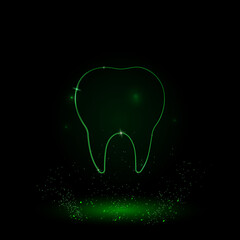 A large green outline tooth symbol on the center. Green Neon style. Neon color with shiny stars. Vector illustration on black background