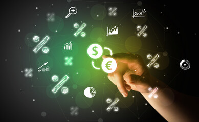 Businessman finger touching on screen multimedia interface with hand drawn currency icons