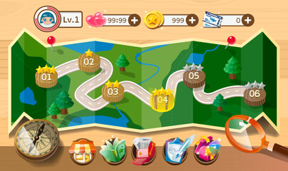 Isometric levels game composition with compass and magnifier on the map vector illustration.Background for gui interface of game with cartoon illustration of nature and completed stages with stars. © YIYI HSUAN